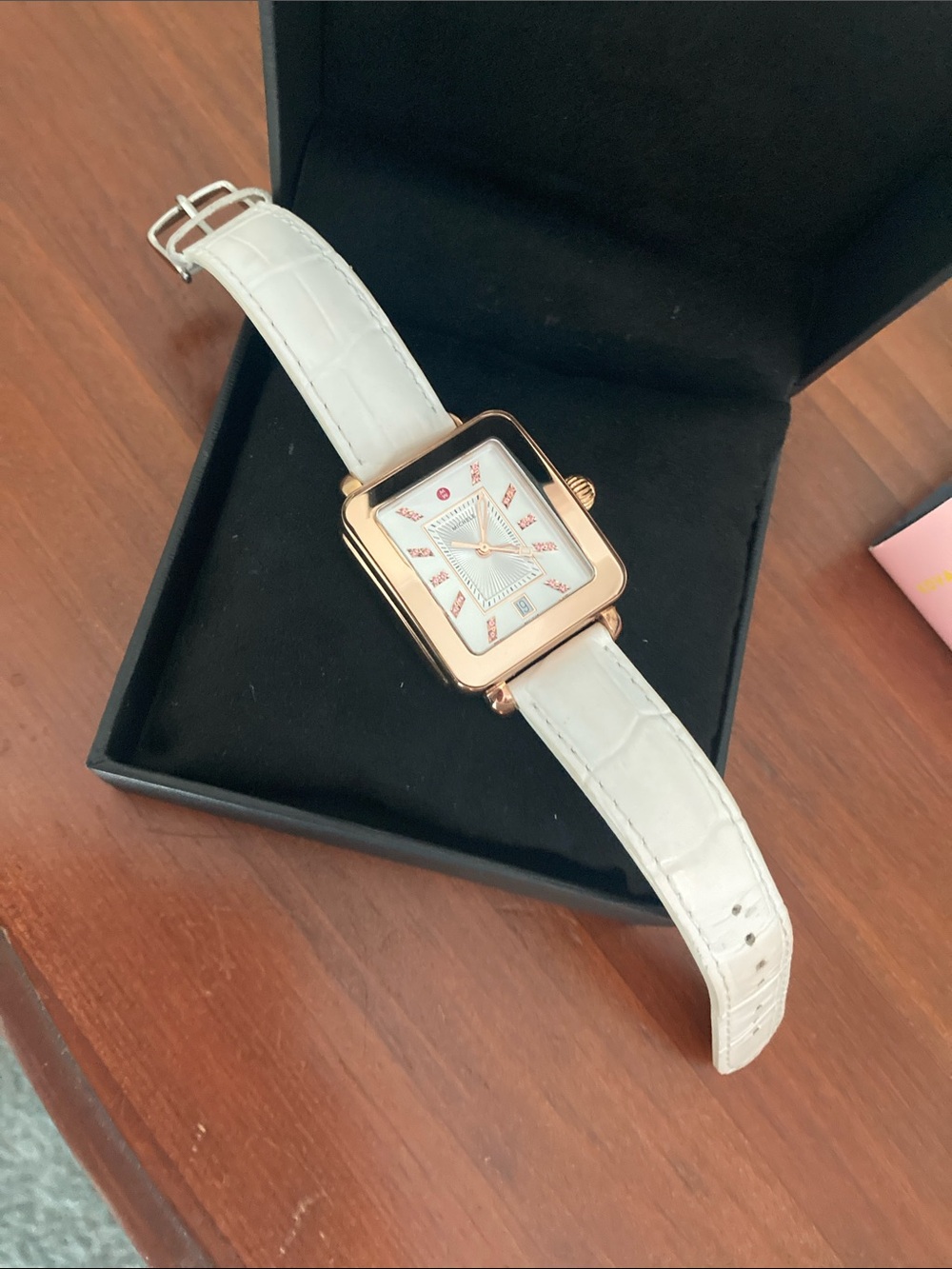 Michele Rose Gold Square Watch with White Strap and Pink Accents - Picture 15 of 15
